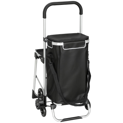 HOMCOM 3-in-1 Foldable Shopping Cart with Folding Seat & 40L Removable Bag, Black