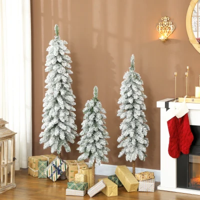 HOMCOM 3er-Set schneebedeckte künstliche Tannenbäume, 3 Größen, Metallständer, flammenhemmend, Kunststoff, Grün+Weiß
