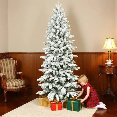 HOMCOM 6ft Pencil Flocked Christmas Tree Hinged Design