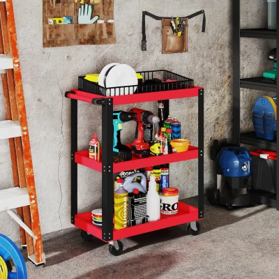 HOMCOM Carro de Herramientas con 3 Estantes Ruedas y Asas para Garaje Mecánico Hogar Carga 120 kg Rojo y Negro