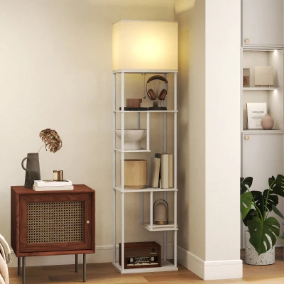 HOMCOM Lámpara de Pie con Estantes Temperaturas de Color Ajustable 3000K-6500K Control Remoto Bombilla E27 Blanco