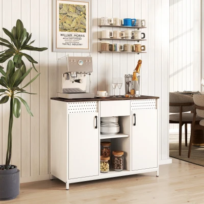 HOMCOM Sideboard für Wohnzimmer mit 2 perforierten Türen, Schublade, offenen Fächern, verstellbaren Regalen, 100x40x80 cm, Weiß