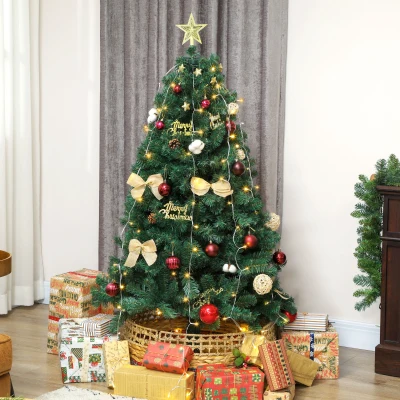 HOMCOM Árbol de Navidad 150 cm con Adornos 150 Luces LED Blanco Cálido 8 Modos de Iluminación 480 Ramas Verde