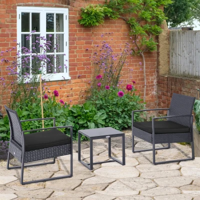 Outsunny 2 Seater Rattan Patio Set W/ Cushions-Grey/Black