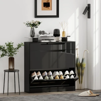 HOMCOM Shoe Cabinet 2 Flip Doors Glass Top Black