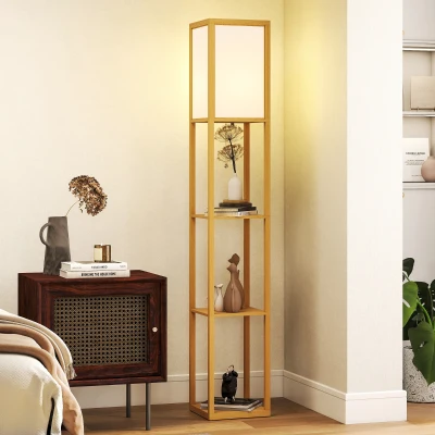 HOMCOM Stehlampe mit Ablagefächern, E27-Fassung für Wohnzimmer, Schlafzimmer, Büro, Natur