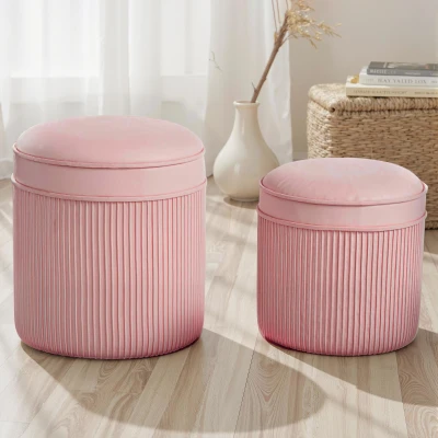 HOMCOM Set 2 Pouf Contenitore Impilabili e Imbottiti Velluto Rosa