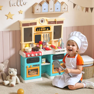 AIYAPLAY Cocina de juguete con agua corriente, accesorios de 85 piezas, grifo eléctrico, luces, sonidos, para niños de 3-6 años, plástico, verde