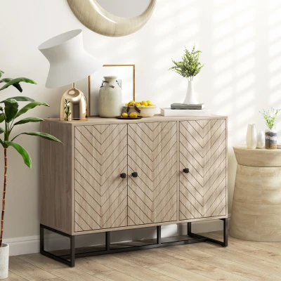 HOMCOM Aparador de Salón con 3 Puertas con Diseño Chevron Estantes Ajustables Patas de Acero 108x40x80 cm Roble