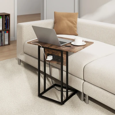 HOMCOM C-Shaped Side Table Foldable Top Rustic Brown