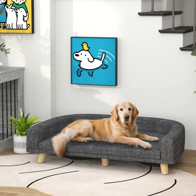 PawHut Sofá para Cães Cama Elevada para Cães Estofada com Almofada Lavável e Pés de Madeira de Pinho 98x67x25 cm Cinza Escuro