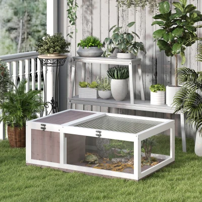 PawHut Casa para Tortugas de Madera con Techo de Malla y Paneles Laterales Transparentes Extraíbles 91x60,5x32 cm Marrón Claro