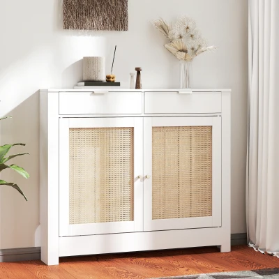 HOMCOM Cubre Radiadores con Puertas Abatibles y Ratán 2 Compartimentos Diseño Bohemio para Salón Dormitorio Blanco