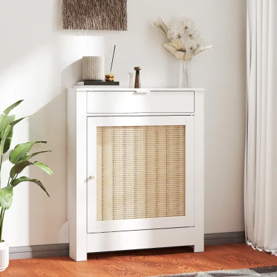 HOMCOM Cubre Radiadores con Puerta Abatible y Ratán Compartimento Diseño Bohemio para Salón Dormitorio Blanco