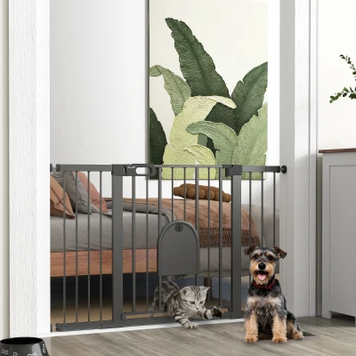 PawHut Barrera de Seguridad para Perros con Puerta Pequeña para Escaleras y Puertas 75-131 cm con 3 Extensiones Negro
