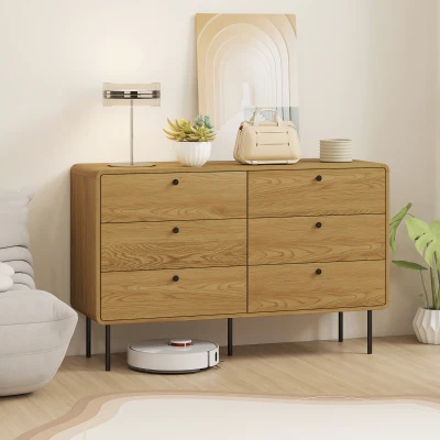 HOMCOM Kommode 6 Schubladen Aufbewahrungsmöbel moderner Stil abgerundete Ecken und Stahlfüße 120 x 40 x 75cm Eichenholzoptik