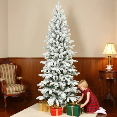 HOMCOM 7ft Pencil Flocked Christmas Tree Hinged Design