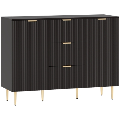 HOMCOM Sideboard kitchen storage cabinet with 3 drawers, adjustable shelves, fluted door cupboards, 120 x 40 x 90 cm, black