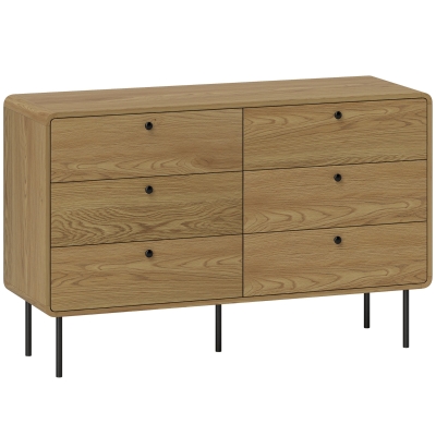 HOMCOM 6-Drawer Dresser Storage Cabinet Modern Style Rounded Corners and Steel Legs 120 x 40 x 75 cm Oak-Effect