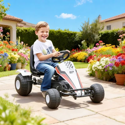 HOMCOM Go Kart Kinderfahrzeug Tretauto mit Pedal Bremsen Kinderspielzeug für 3-6 Jahre Stahl Weiß 104 x 66 x 57 cm