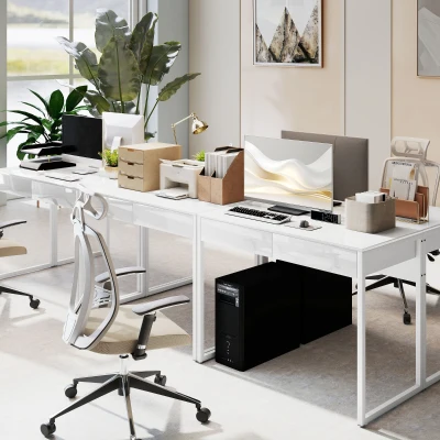 HOMCOM Bureau Moderne 100x50cm 2 Tiroirs Blanc Pieds Acier