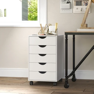 HOMCOM Cajonera Oficina con Ruedas y 5 Cajones Archivador Móvil, para Estudio Salón 40x40x67 cm Blanco