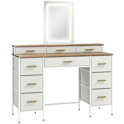 HOMCOM Schminktisch mit Spiegel und 3‑farbiger LED-Beleuchtung, Schminktisch 10 Stoffschubladen, 118,5 x 39,5 x 140 cm natur
