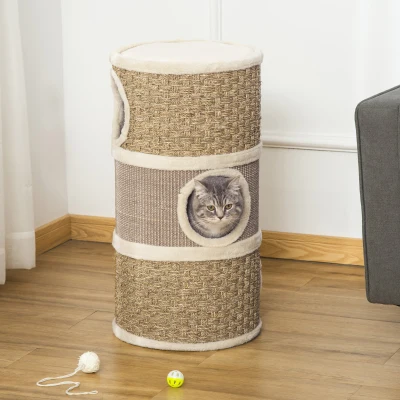 PawHut Tonel Rascador para Gatos con 3 Niveles Barril de Rascado con Plataforma Cama Cómoda Ø37,5x70 cm Marrón Claro y Beige