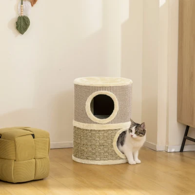 PawHut Barril Rascador para Gatos de 2 Niveles Altura 49 cm Tonel de Escalada con Cama Cubierto de Sisal Caqui y Café