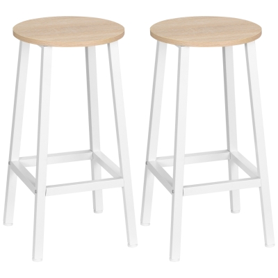HOMCOM Conjunto de 2 Bancos Altos de Cozinha Bancos de Bar com Pés de Aço e Apoio para os Pés 32,5x32,5x65cm Madeira e Branco