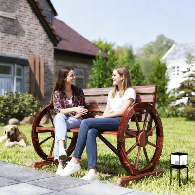 Outsunny Gartenbank 2-Sitzer Sitzbank Holzbank Wagenrad mit Armlehne Landhausstil Tannenholz Braun 105,5 x 59 x 75 cm