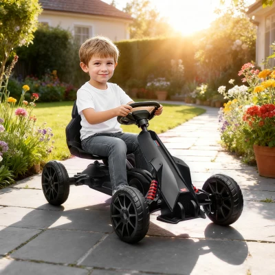 HOMCOM Go-Kart, Kinderfahrzeug mit verstellbarem Sitz, Tretfahrzeug, Tretauto mit Handbremse, 3-8 Jahre, Outdoor, Schwarz