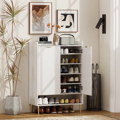 HOMCOM Meuble à chaussures gain de place pour 24 paires avec 2 portes, 3 étagères extractibles et étagère inférieure, Blanc