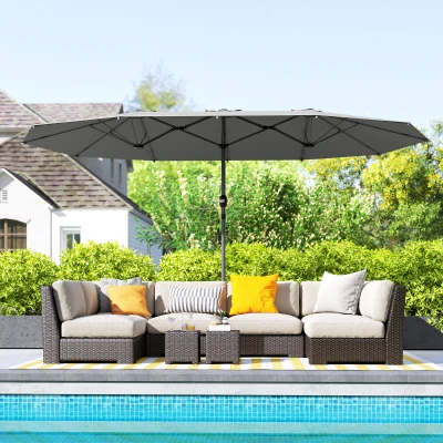 Outsunny Dubbelzijdige parasol 436 x 260 cm, UV-bescherming Stalen Parasol met Handzwengel, Ovaal Donkergrijs