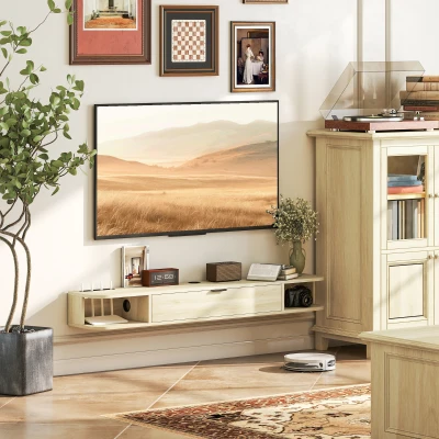 HOMCOM Hängendes TV-Möbel mit Klappschublade 2 Offene Regale Kabelmanagement 140x24x16 cm Naturholz