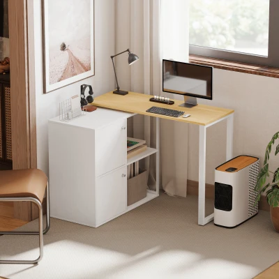 HOMCOM Schreibtisch L-förmig, 360° drehbarer Eckschreibtisch mit 2 Lagerschränken, 2 offenen Regalen, Computertisch für kleine Räume, Arbeitszimmer, Wohnzimmer, 150x40x75 cm, Weiß