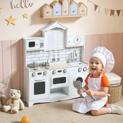 AIYAPLAY Kinderküche Spielküche mit Ofen Spüle Soundfunktion und Zubehör Geschenk für Mädchen Jungen 3-6 Jahren Weiß