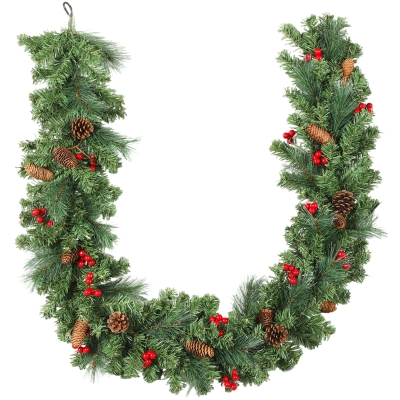 HOMCOM Artificial Christmas Garland 180 cm, Christmas Decoration, 162 Lush Tips, Pine Cones, Berry Clusters, Green