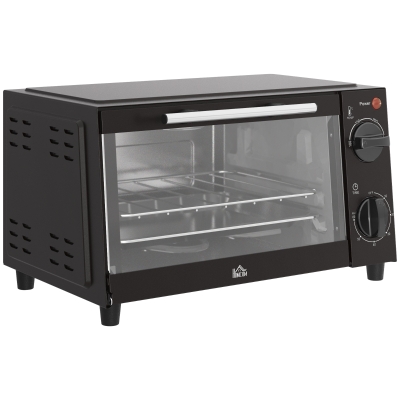 HOMCOM Mini Oven, 9L Countertop Electric Grill, Toaster Oven with Adjustable Temperature, Timer, Dishwasher Safe Baking Tray and Wire Rack, 750W, Black