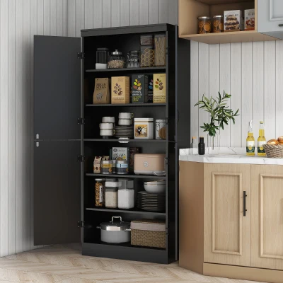 HOMCOM Buffet Haut Cuisine Noir 4 Portes Étagères Réglables