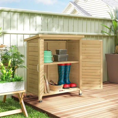 Outsunny Armario de Jardín de Madera Armario para Terraza con 2 Estantes Interiores 2 puertas de Buena Ventilación y Techo Inclinado para Exterior 87x46,5x96,5 cm Madera Natural