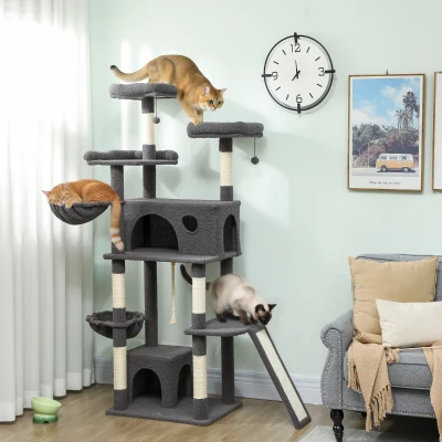 PawHut Kratzbaum Spielturm für Katzen mit Kratzsäule 3 Liegeplätze 2 Höhlen Plattformen und 3 hängende Spielzeuge Höhe 174 cm grau