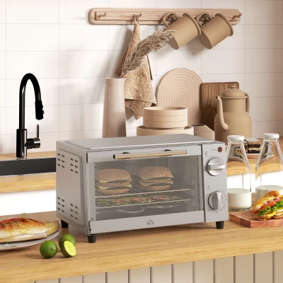 HOMCOM Mini Oven, 9L Countertop Electric Grill, Toaster Oven with Adjustable Temperature, Timer, Dishwasher Safe Baking Tray and Wire Rack, 750W, Silver