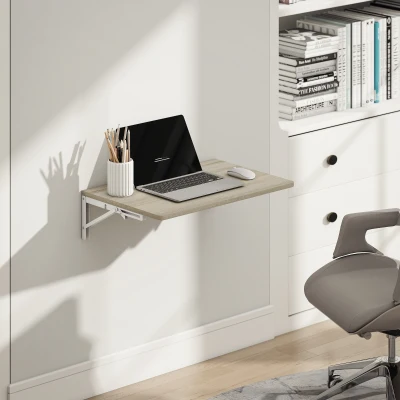 HOMCOM Wandklaptafel, 60x40 cm Klaptafel, Ruimtebesparend Zwevend Bureau met afgeronde hoeken, voor Homeoffice, Woonkamer, Slaapkamer, Keuken, Eiken