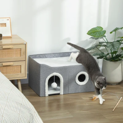 PawHut Faltbares Katzenhaus mit Kratzbereich 3 Öffnungen Hängende Kugel Wendbares Kissen aus Plüsch und Leinenoptik 60x40X34 cm Grau
