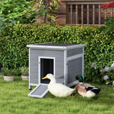 PawHut Duck House, Duck Coop with Side Door, Ventilation Holes, Poultry Chicken Coop Fir Wood, Goose House, Chicken Coop with Waterproof Asphalt Roof, 63 x 82 x 76 cm, Light Gray