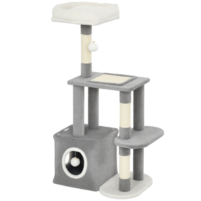 PawHut Arbre à Chat Bois Peluche 107cm Gris Blanc
