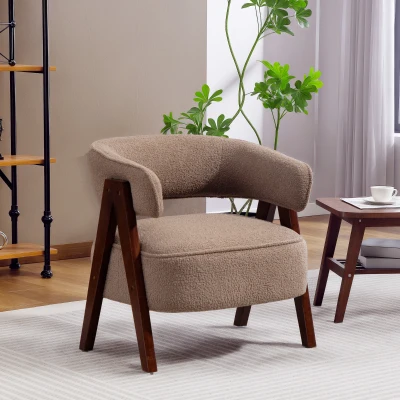 HOMCOM Butaca de Salón Tapizada en Borreguito Acolchada Gruesa Patas de Madera Respaldo Curvado 70x64x71 cm Marrón Claro