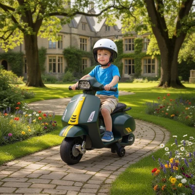 AIYAPLAY Moto eléctrica para niños con licencia Vespa, batería recargable 6V, rueditas y luces, edad 2-6 años, Verde oscuro