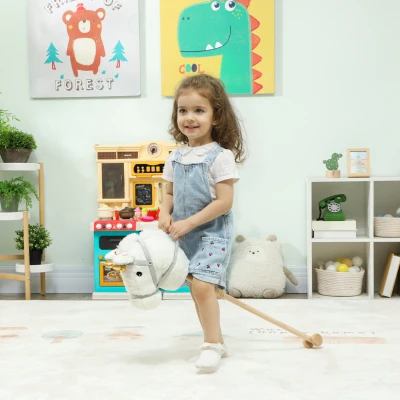 AIYAPLAY Cabeza de Caballo con Palo de Madera Diseño Unicornio Sonidos y Ruedas Caballo de Juguete 95 cm de Altura Blanco